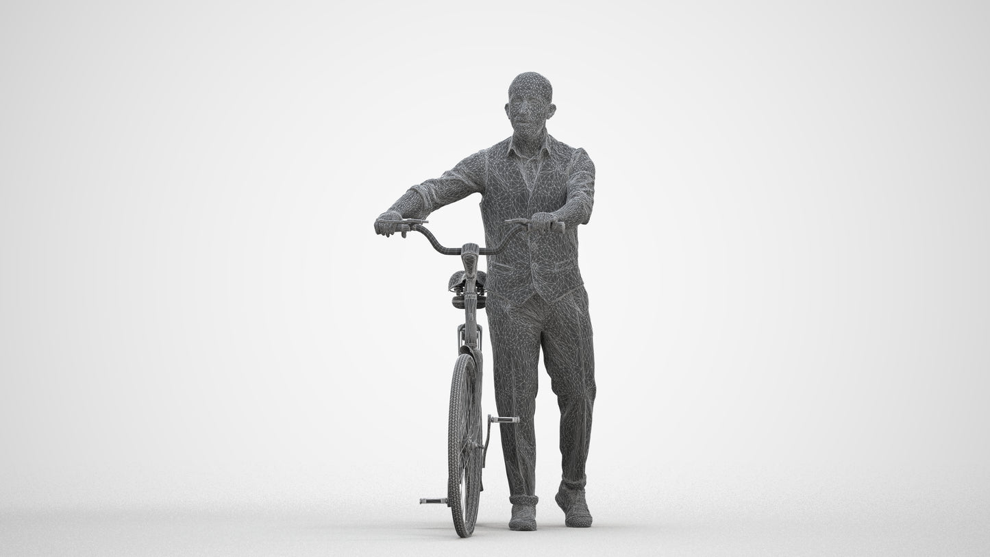 3D human model man business cycling, photogrammetry scanned person for archviz, three-quarter front view render