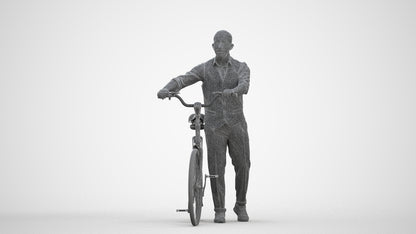 3D human model man business cycling, photogrammetry scanned person for archviz, three-quarter front view render