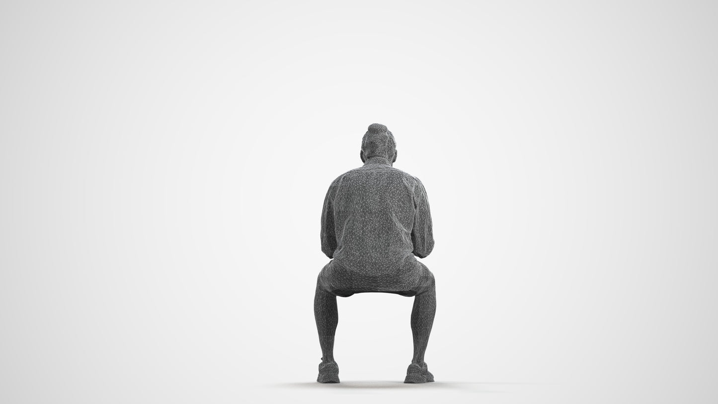 photogrammetry 3D man casual sitting, realistic human model archviz FBX, wireframe front view