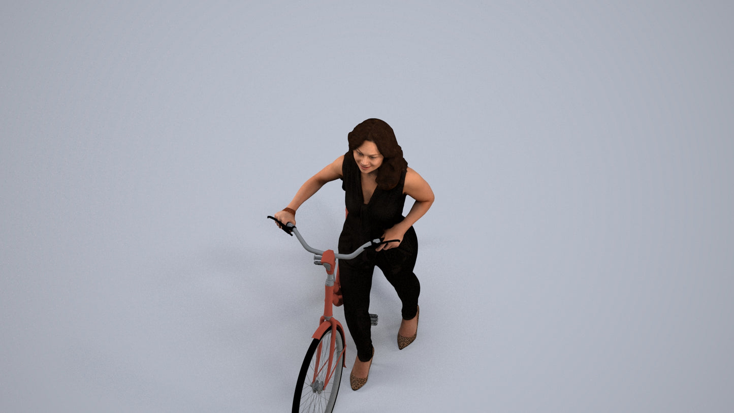 realistic 3D human woman casual cycling, archviz people FBX OBJ for Blender, back view render