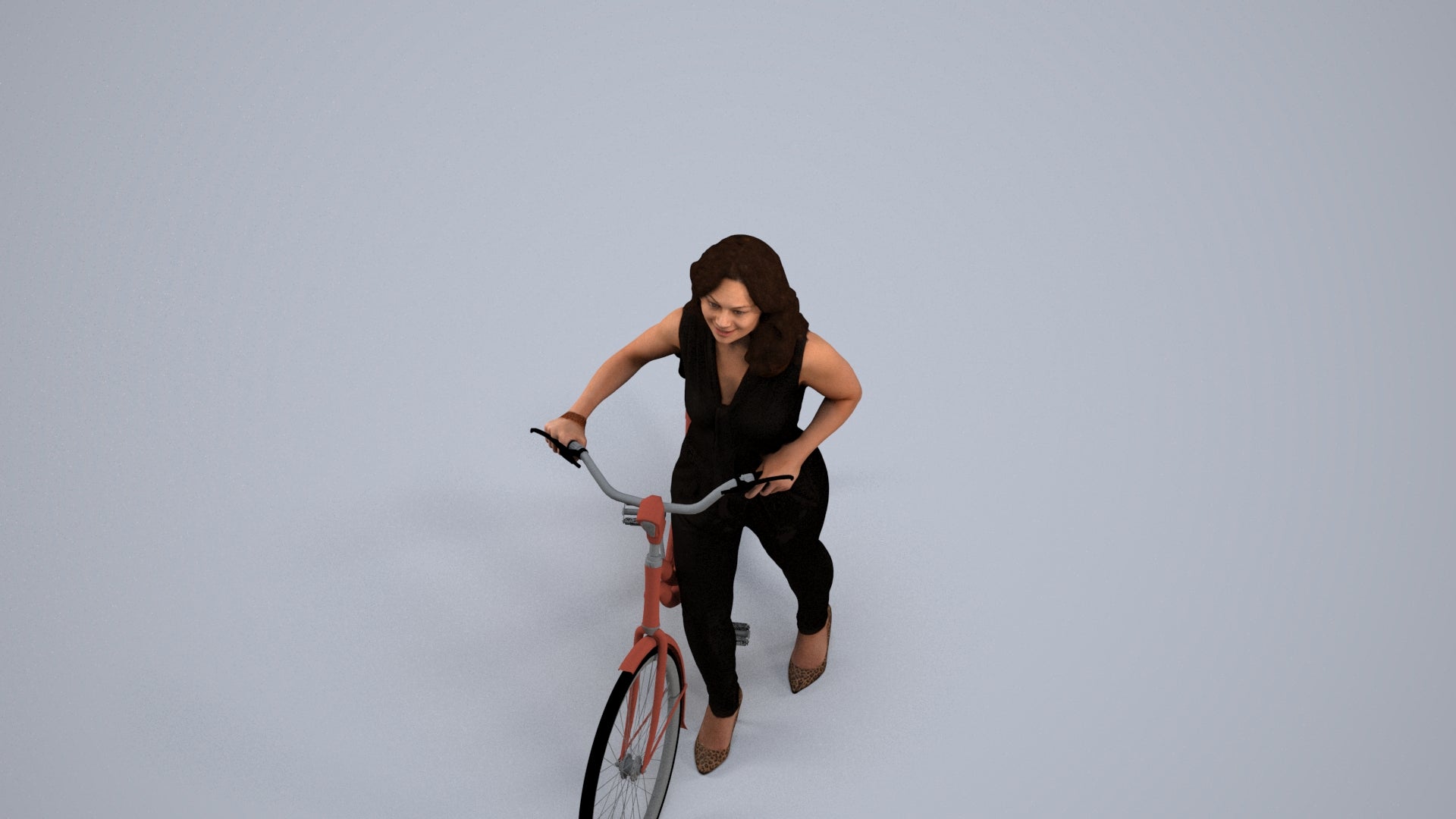 realistic 3D human woman casual cycling, archviz people FBX OBJ for Blender, back view render