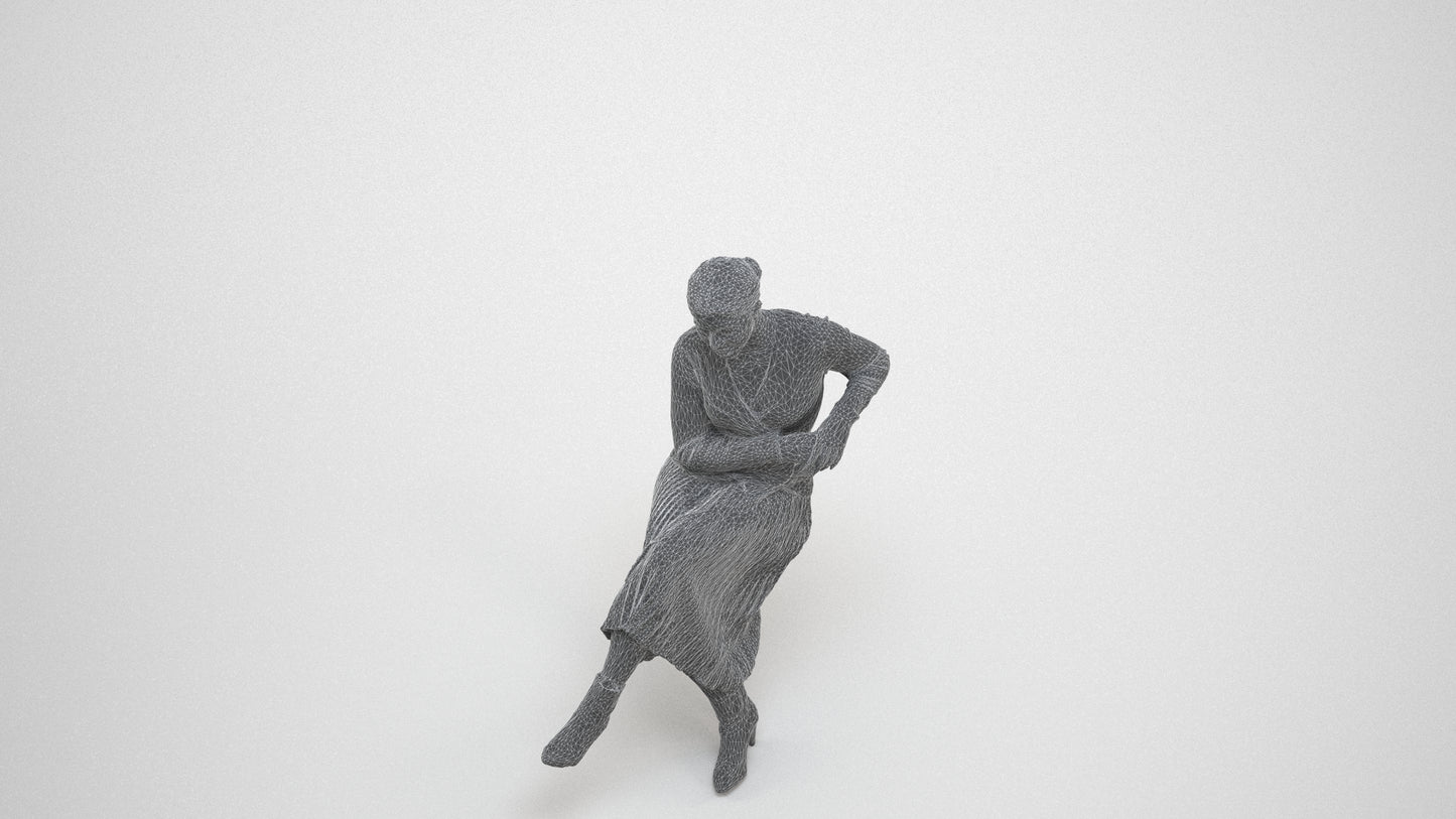 realistic 3D people woman casual sitting, render-ready for V-Ray and Corona, FBX OBJ, wireframe three-quarter view