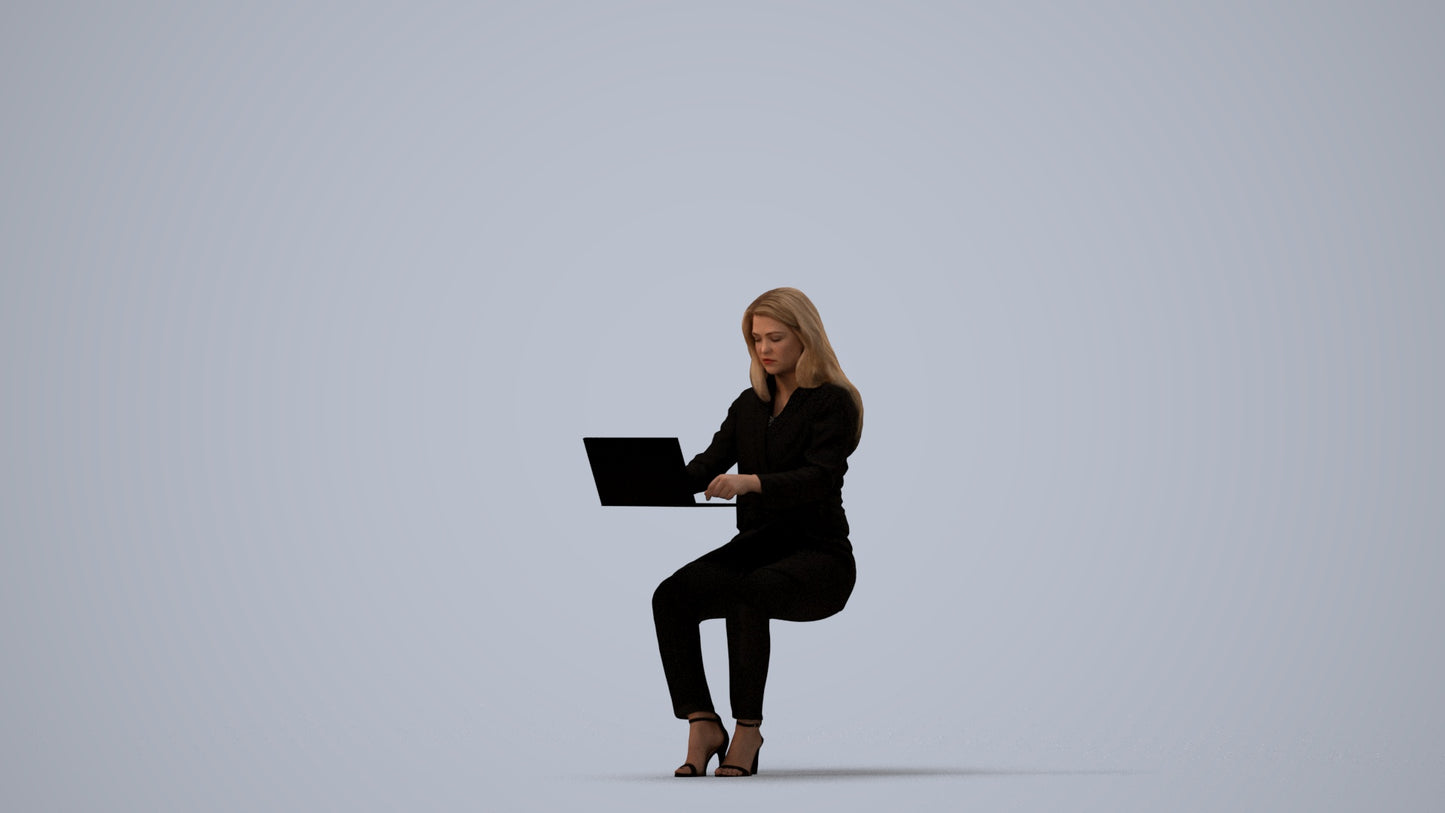 scanned 3D woman business sitting, photogrammetry people for Enscape and V-Ray, three-quarter view render