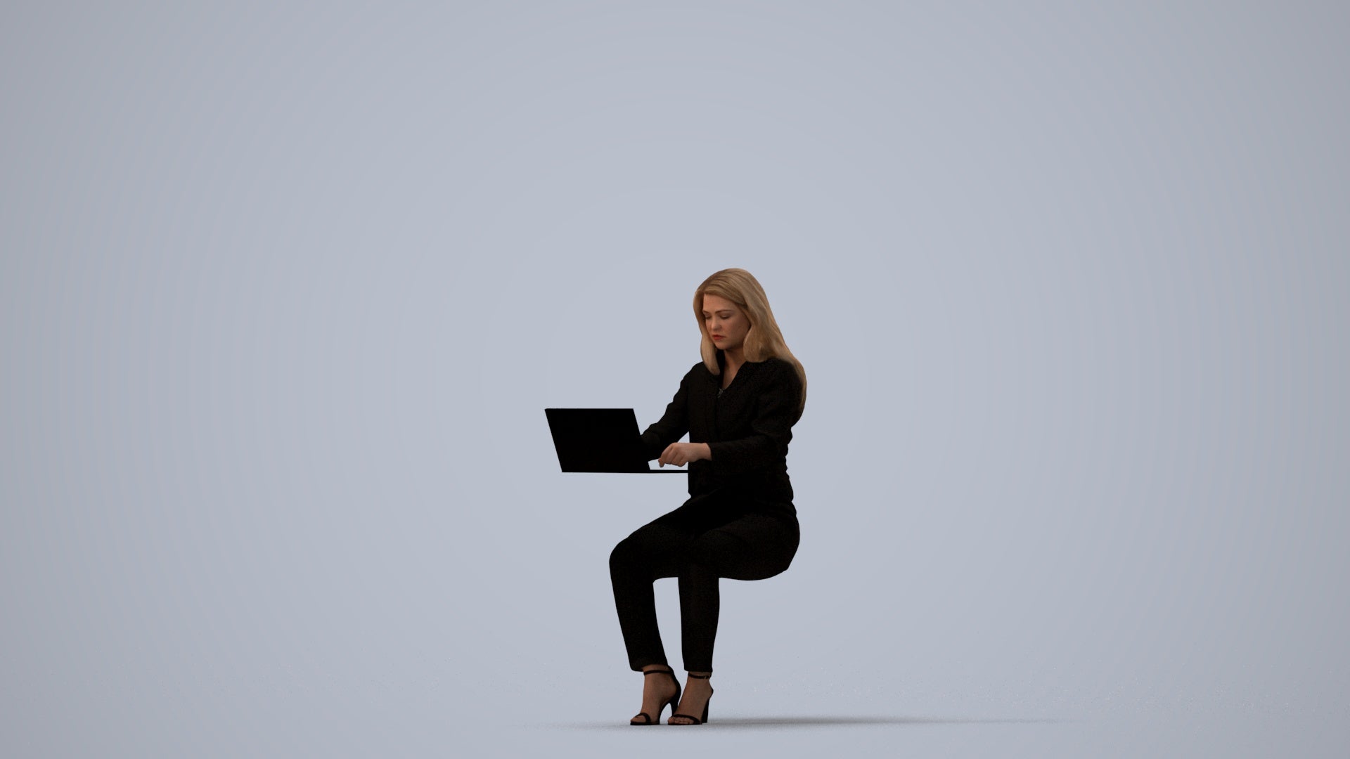 scanned 3D woman business sitting, photogrammetry people for Enscape and V-Ray, three-quarter view render