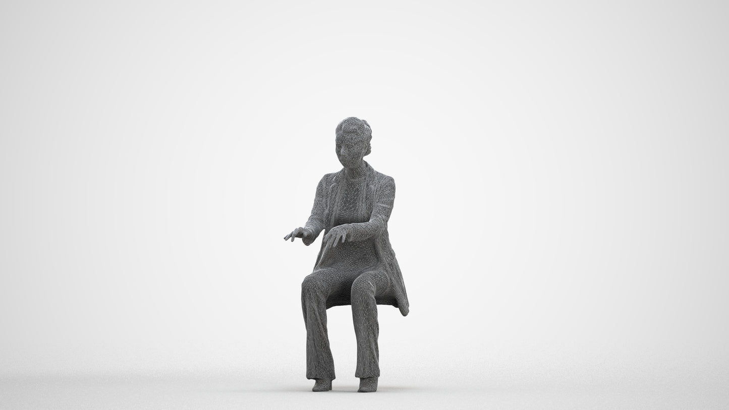realistic 3D woman business sitting, scanned archviz people for Blender and 3ds Max, three-quarter front view render