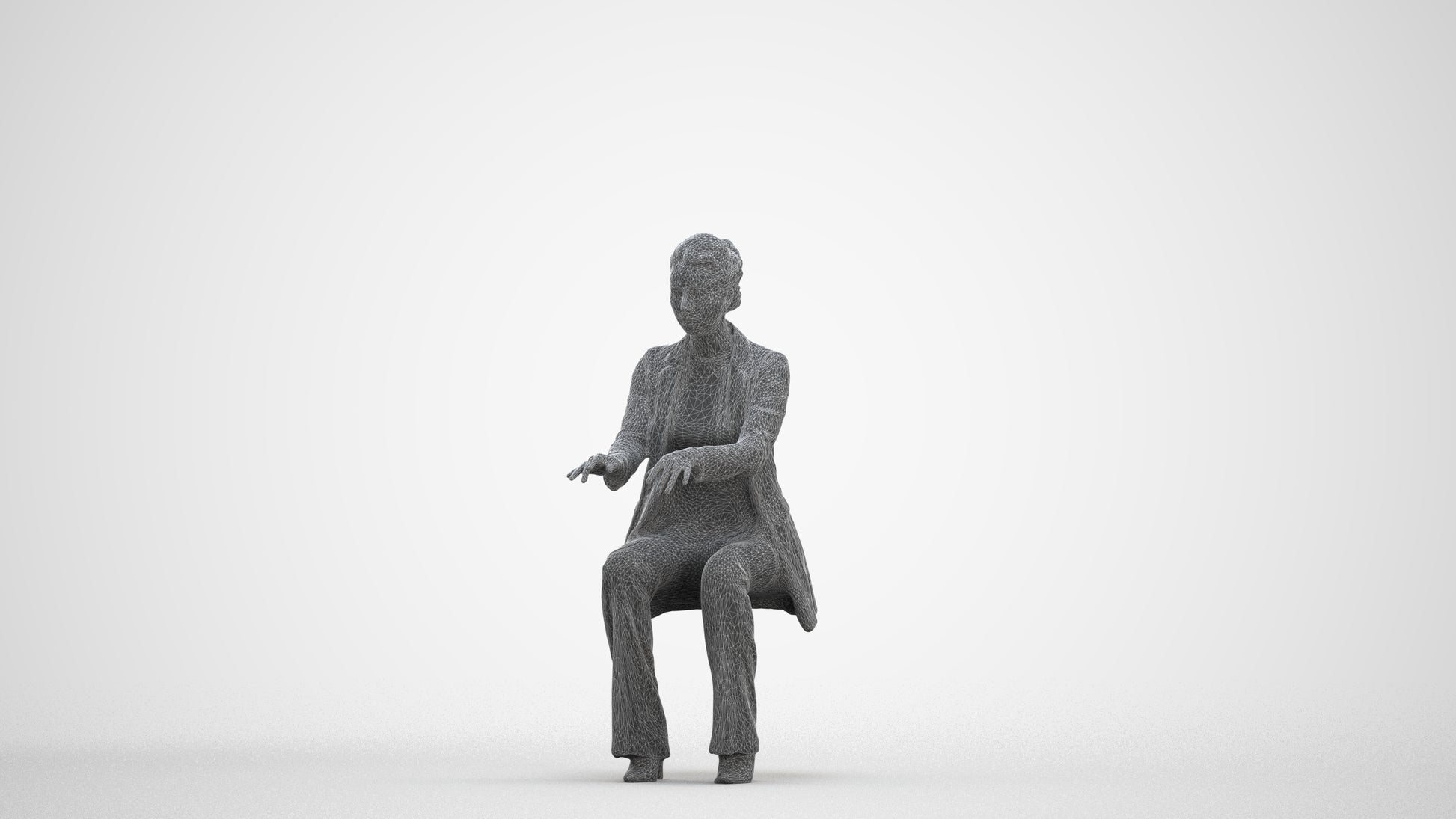 realistic 3D woman business sitting, scanned archviz people for Blender and 3ds Max, three-quarter front view render