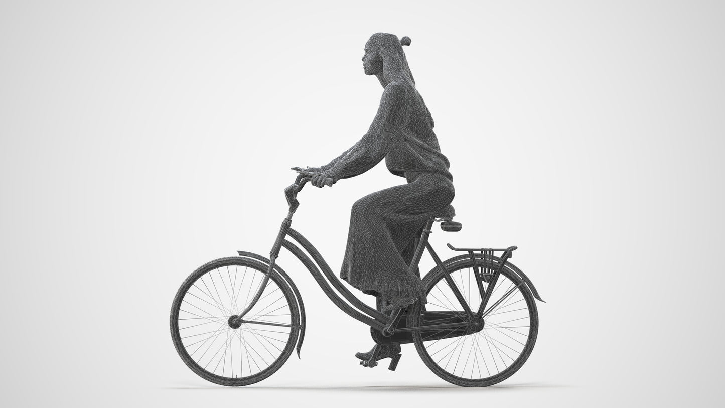 3D human model woman casual cycling, photogrammetry scanned person for archviz, square thumbnail