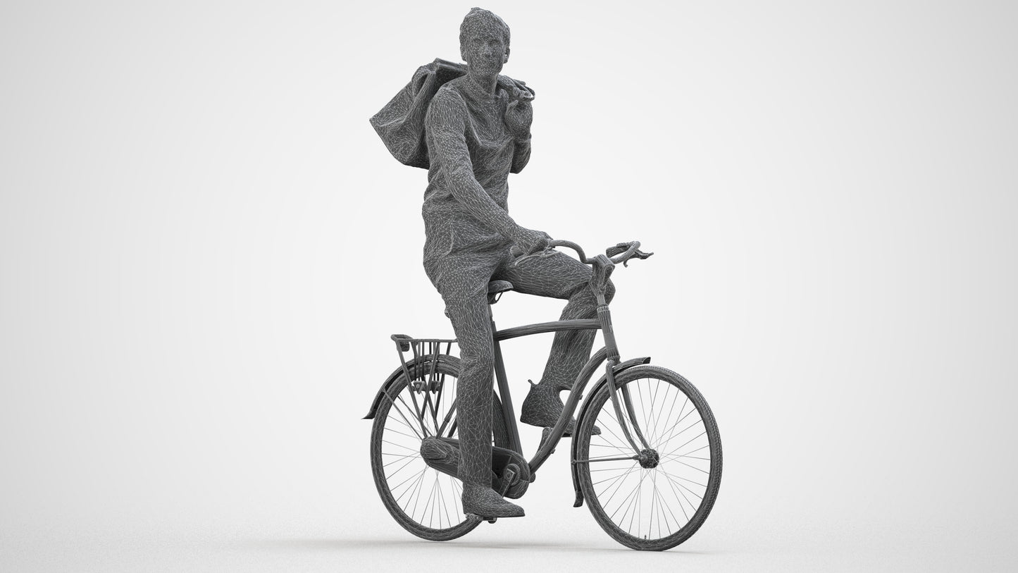scanned 3D man casual cycling, photogrammetry people for Enscape and V-Ray, wireframe side view