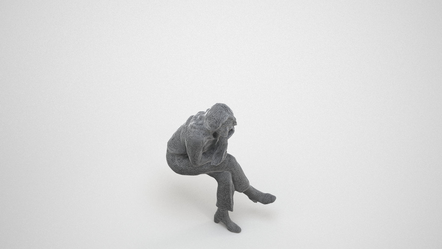 photogrammetry 3D woman business sitting, realistic human model archviz FBX, wireframe three-quarter view