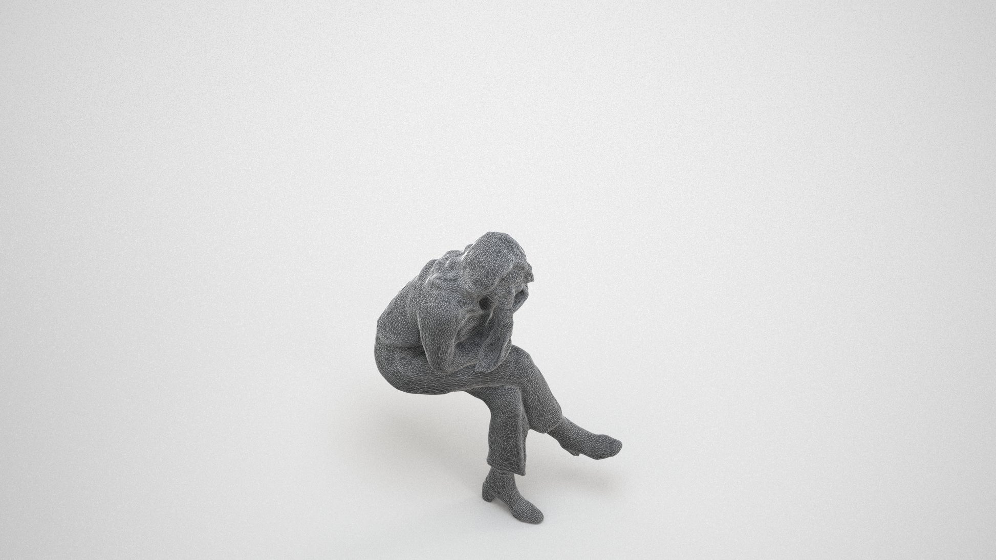 photogrammetry 3D woman business sitting, realistic human model archviz FBX, wireframe three-quarter view