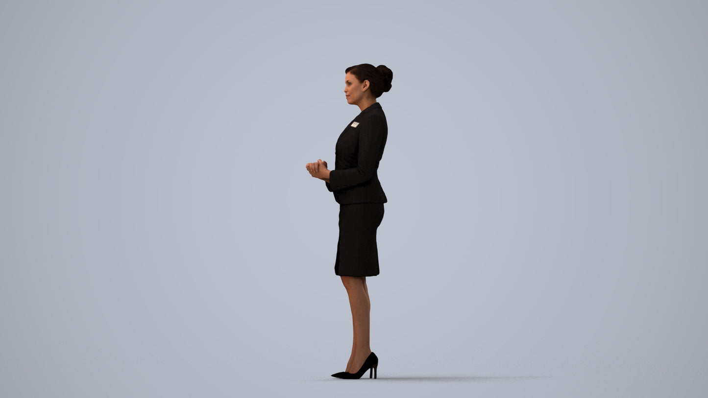 3D scanned woman standing, photorealistic archviz people for Enscape and SketchUp, three-quarter view render