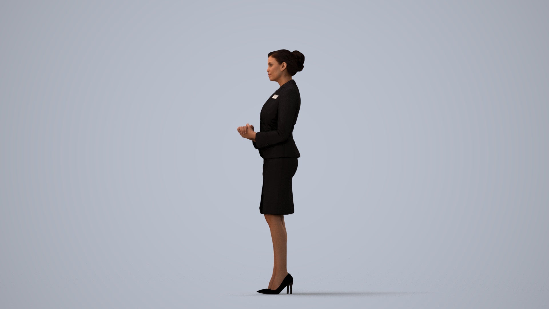3D scanned woman standing, photorealistic archviz people for Enscape and SketchUp, three-quarter view render