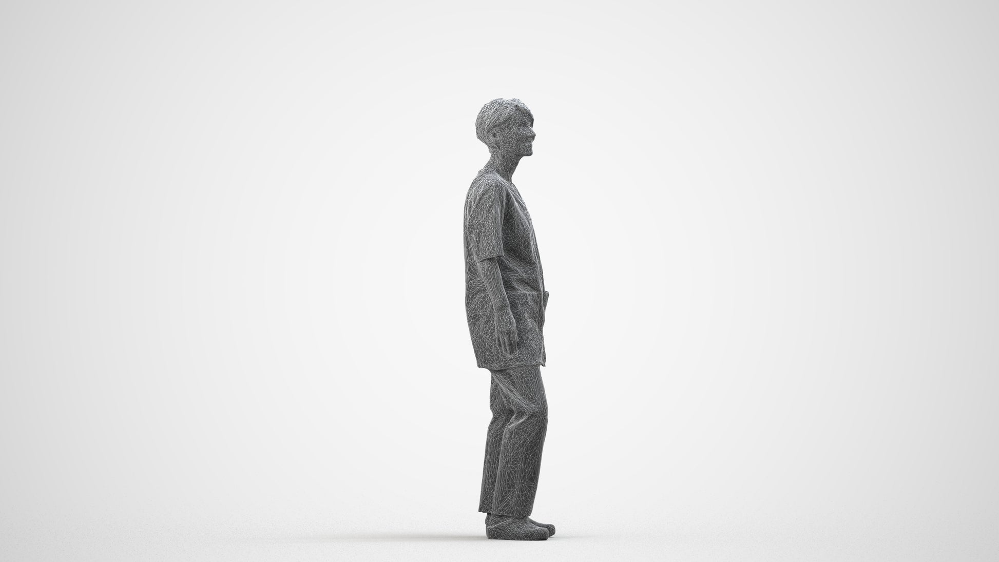 scanned 3D senior woman medical, photogrammetry people for Enscape and V-Ray, wireframe side view
