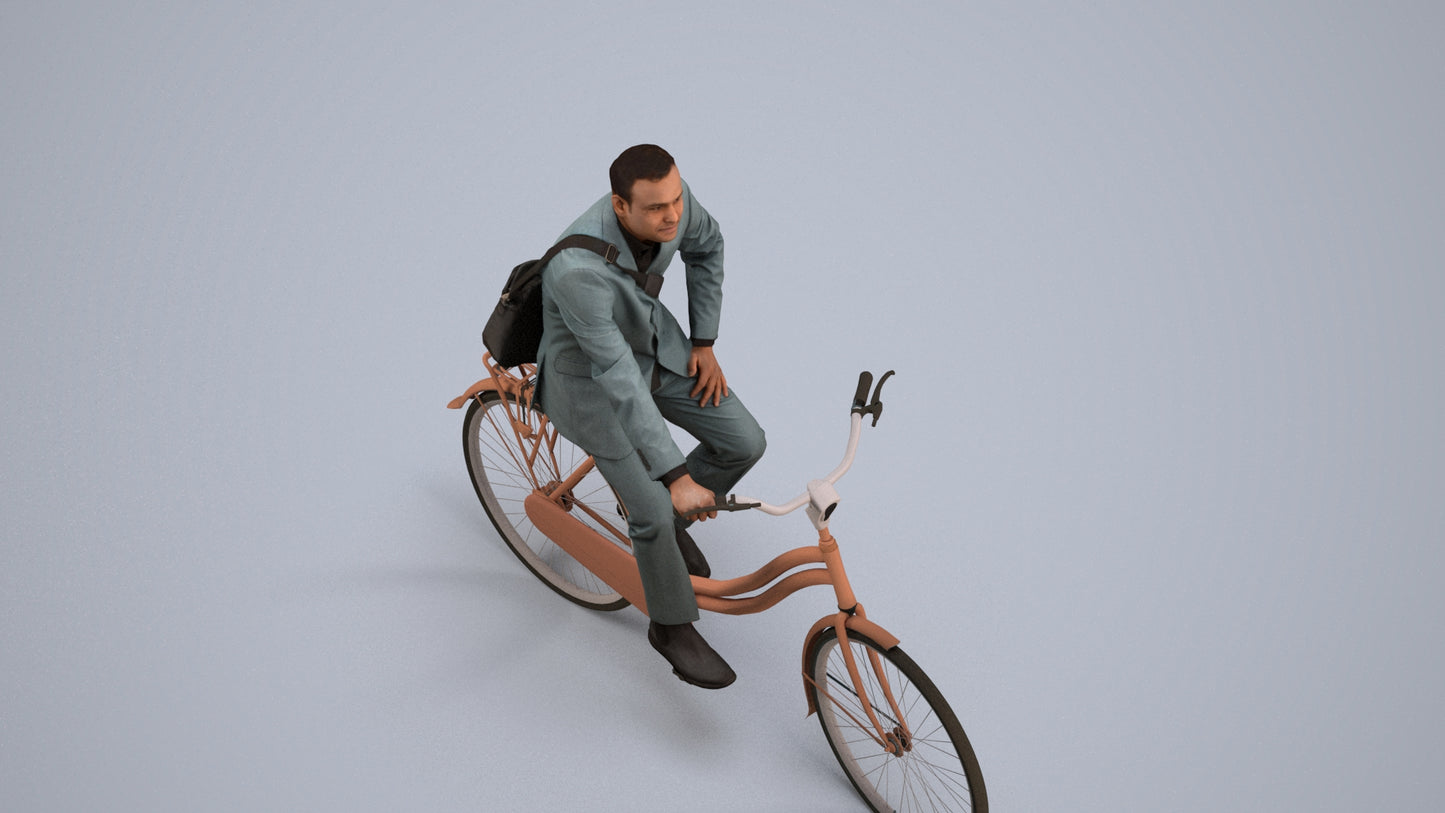 3D scanned man cycling business, photorealistic archviz people for Enscape and SketchUp, back view render