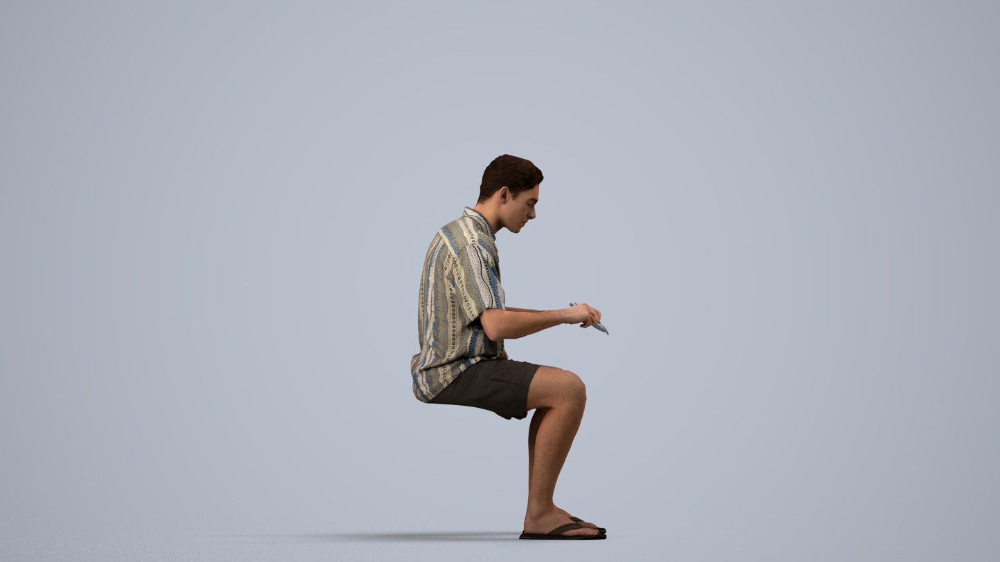 3D human model man casual sitting, photogrammetry scanned person for archviz, side view render