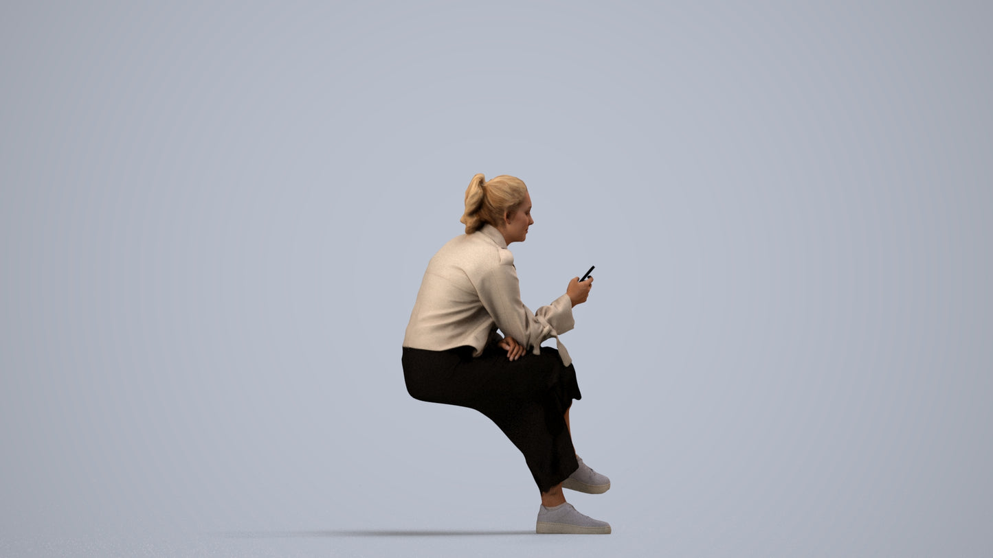 photogrammetry 3D woman casual sitting, realistic human model archviz FBX, side view render