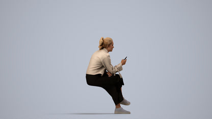 photogrammetry 3D woman casual sitting, realistic human model archviz FBX, side view render