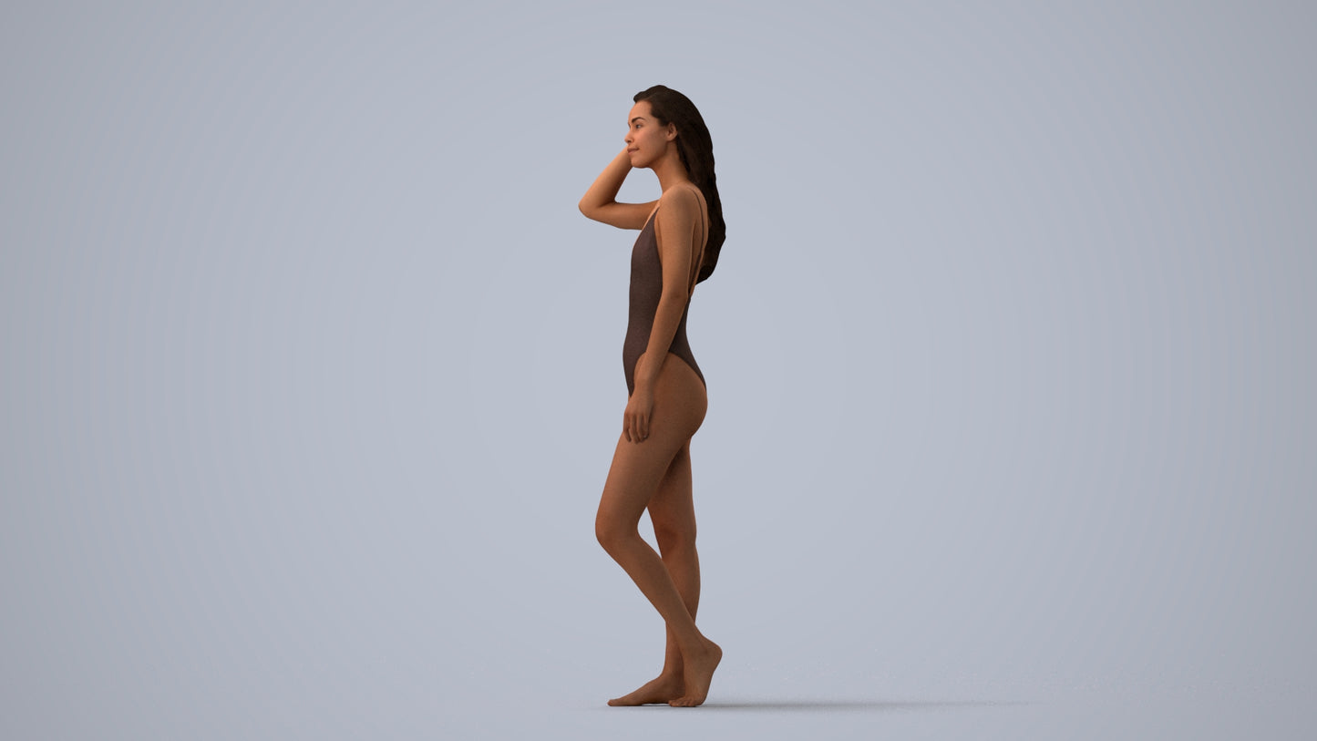 3D scanned woman pool, photorealistic archviz people for Enscape and SketchUp, three-quarter view render
