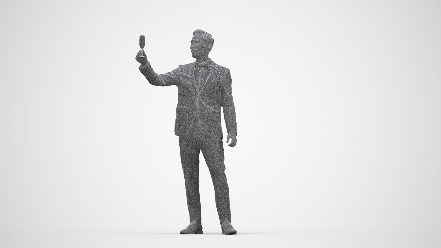 3D human model man formal cycling, photogrammetry scanned person for archviz, wireframe back view