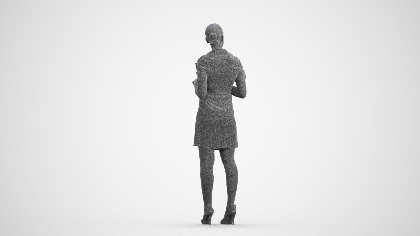 3D people model woman business standing, scanned human for 3ds Max rendering, wireframe front view