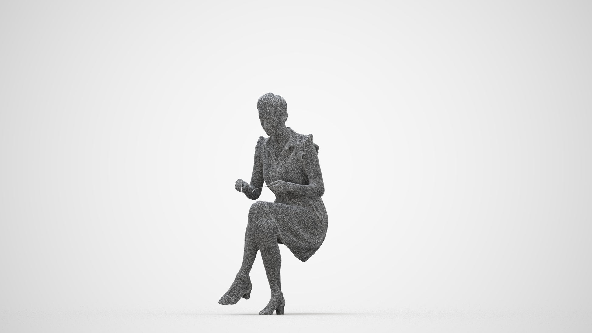 3D scanned woman sitting casual, photorealistic archviz people for Enscape and SketchUp, wireframe back view