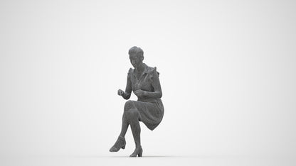 3D scanned woman sitting casual, photorealistic archviz people for Enscape and SketchUp, wireframe back view