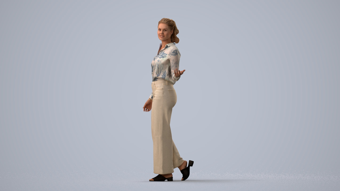 3D scanned woman walking casual, photorealistic archviz people for Enscape and SketchUp, three-quarter view render