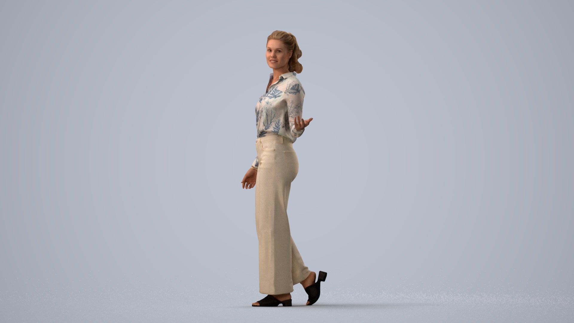 3D scanned woman walking casual, photorealistic archviz people for Enscape and SketchUp, three-quarter view render