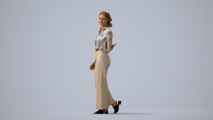 3D scanned woman walking casual, photorealistic archviz people for Enscape and SketchUp, three-quarter view render