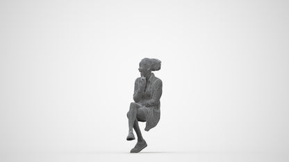3D human model woman casual sitting, photogrammetry scanned person for archviz, wireframe back view