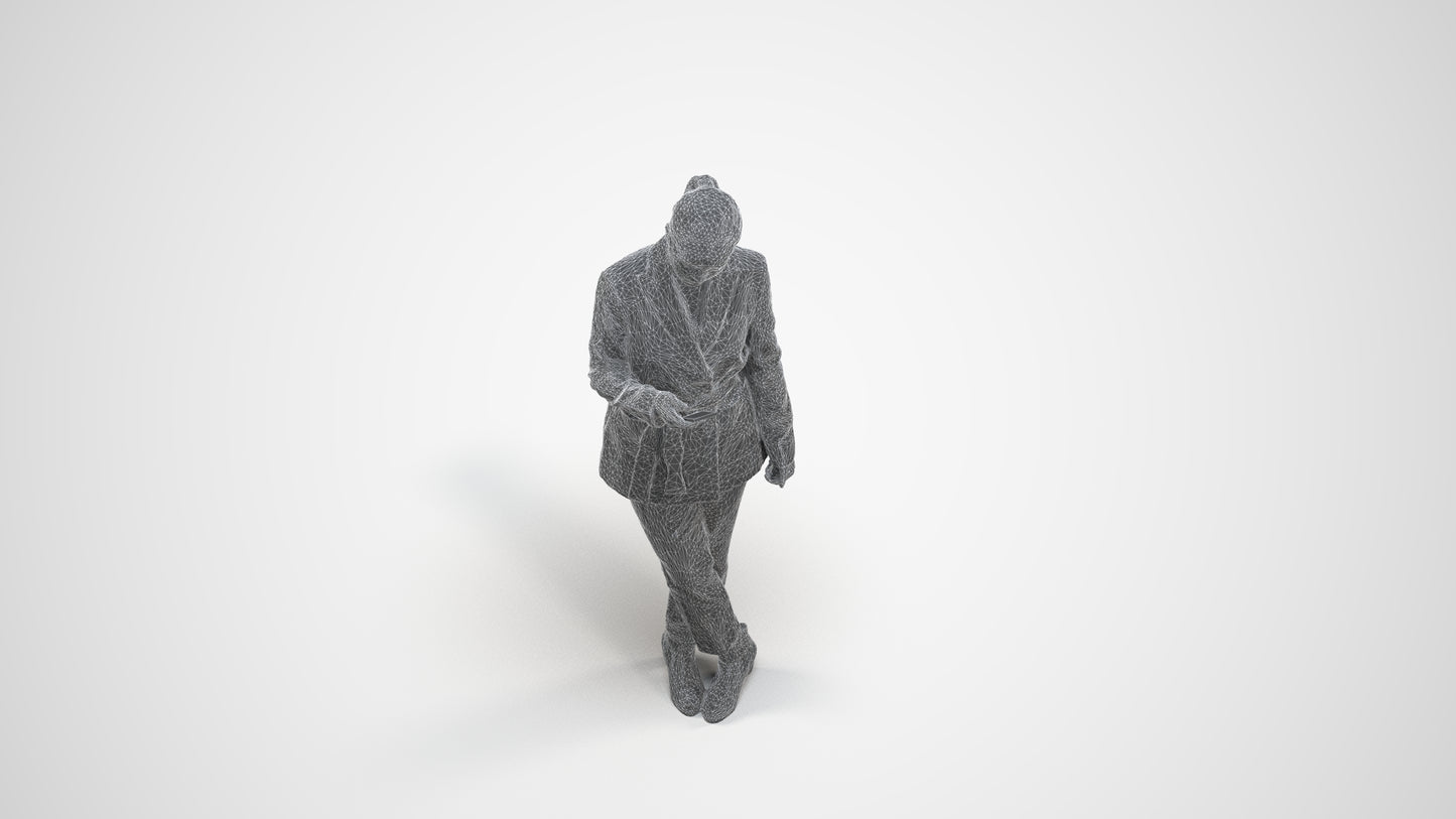 realistic 3D woman business standing, scanned archviz people for Blender and 3ds Max, wireframe three-quarter view