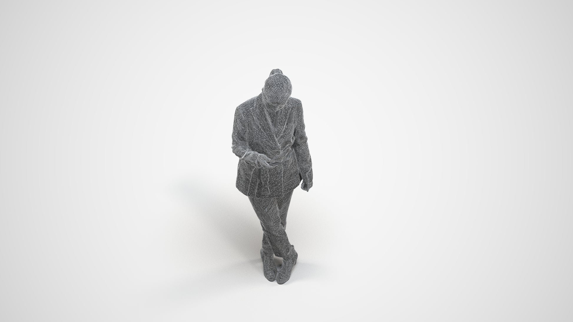 realistic 3D woman business standing, scanned archviz people for Blender and 3ds Max, wireframe three-quarter view