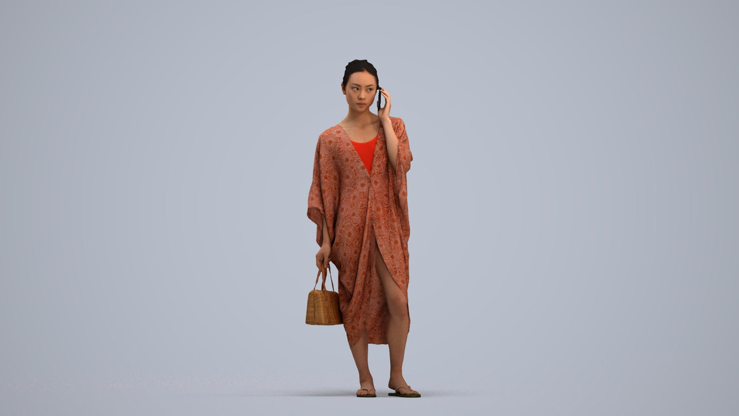 3D human model woman standing, photogrammetry scanned person for archviz, standing pose render
