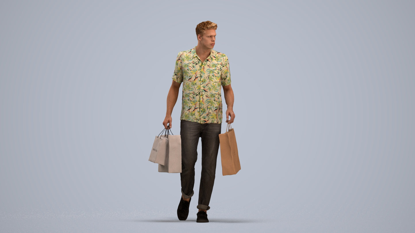 3D human model man casual shopping, photogrammetry scanned person for archviz, standing pose render