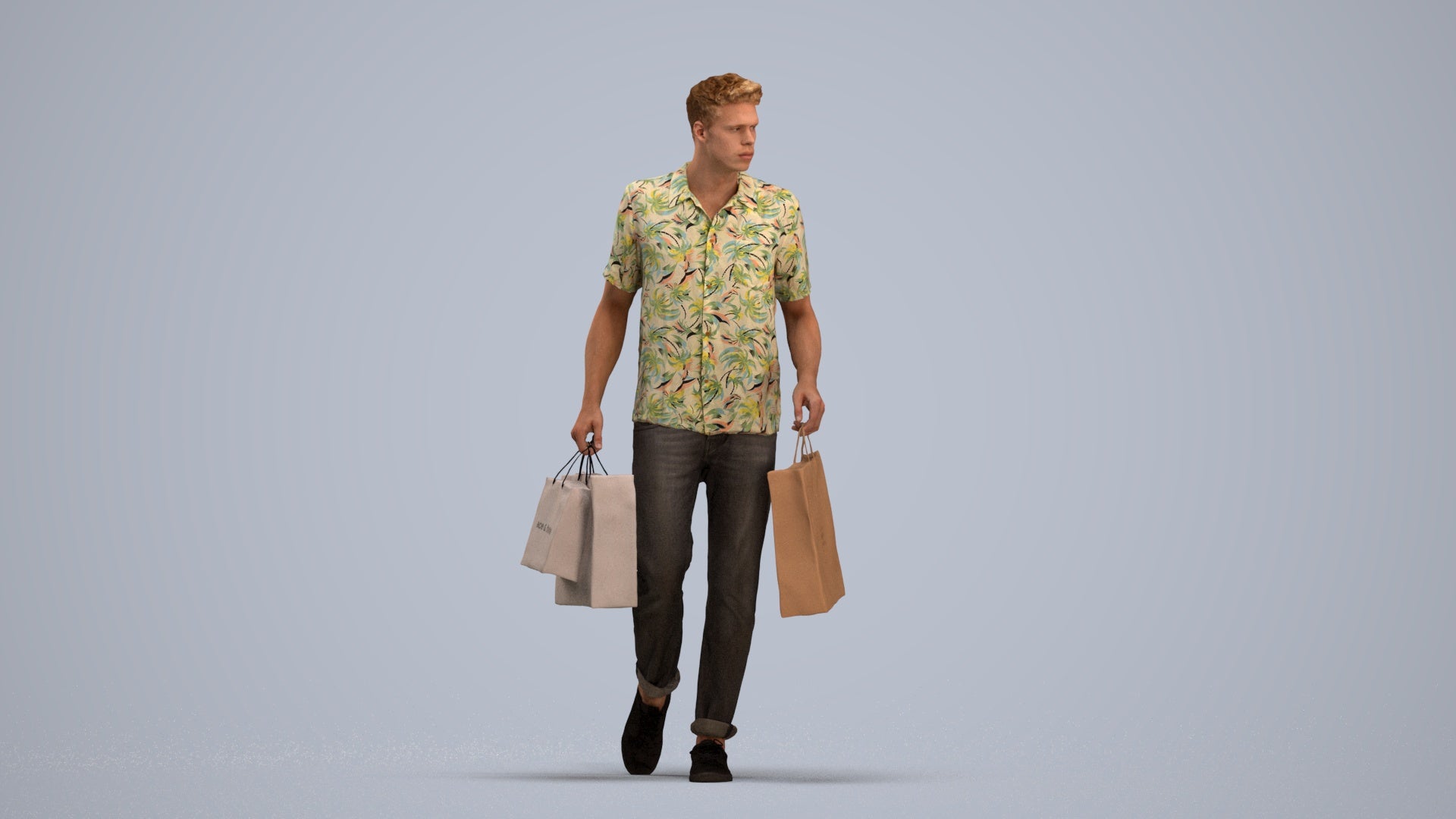 3D human model man casual shopping, photogrammetry scanned person for archviz, standing pose render