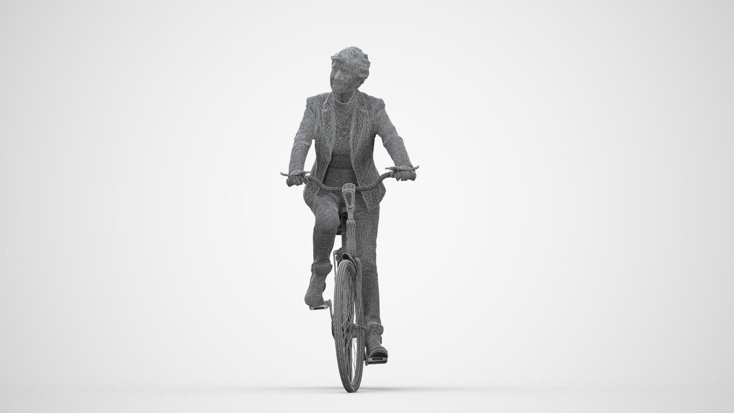 photogrammetry 3D senior woman business cycling, realistic human model archviz FBX, wireframe back view