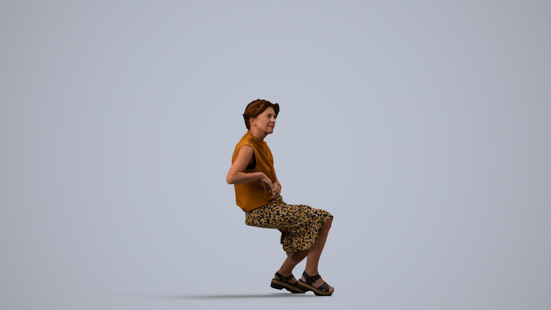 3D scanned woman sitting casual, photorealistic archviz people for Enscape and SketchUp, side view render