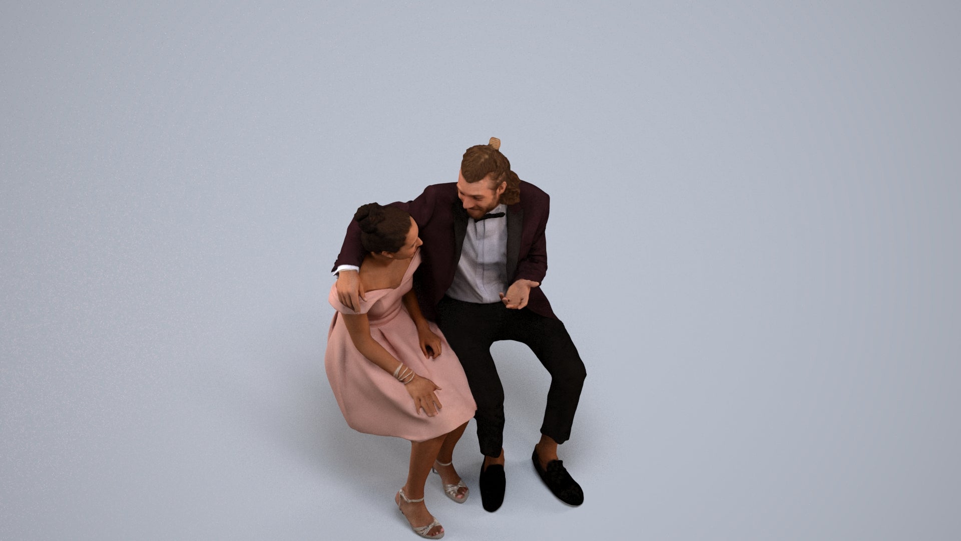 3D human model woman formal sitting, photogrammetry scanned person for archviz, back view render