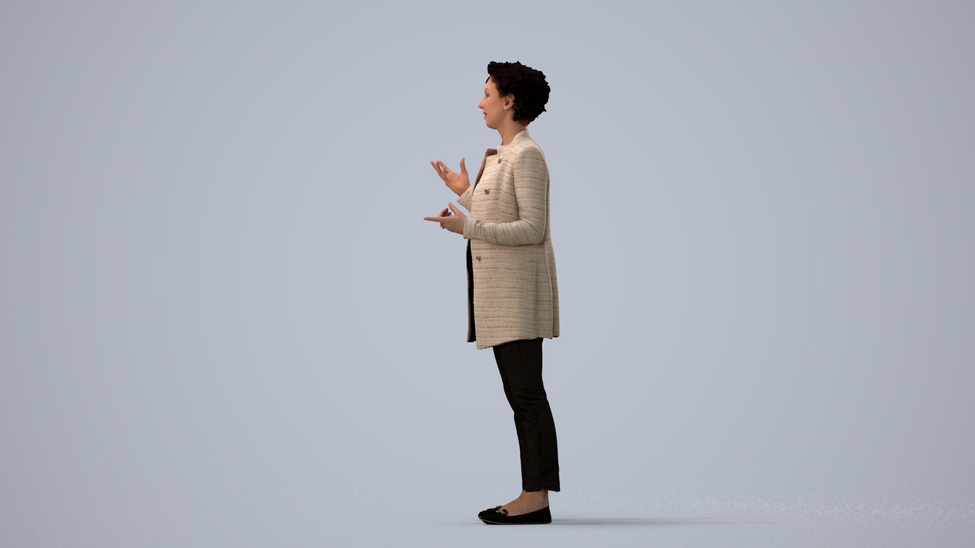 realistic 3D woman business standing, scanned archviz people for Blender and 3ds Max, three-quarter view render