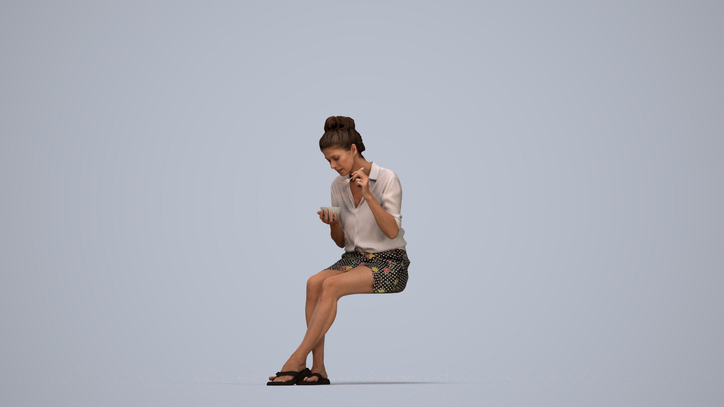 3D people model woman casual sitting, scanned human for 3ds Max rendering, top-down view render