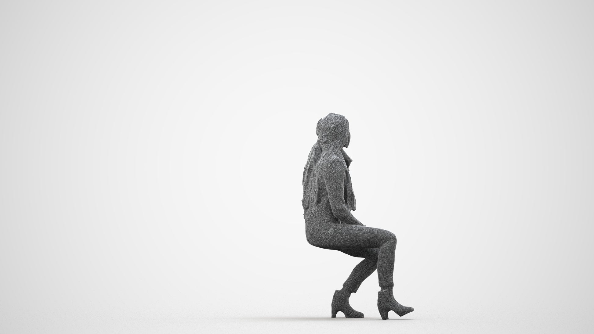 3D human model woman casual sitting, photogrammetry scanned person for archviz, wireframe side view