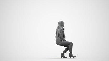 3D human model woman casual sitting, photogrammetry scanned person for archviz, wireframe side view