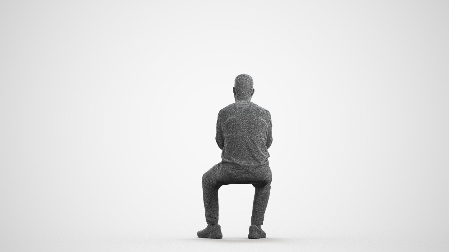 3D human model man casual sitting, photogrammetry scanned person for archviz, wireframe front view