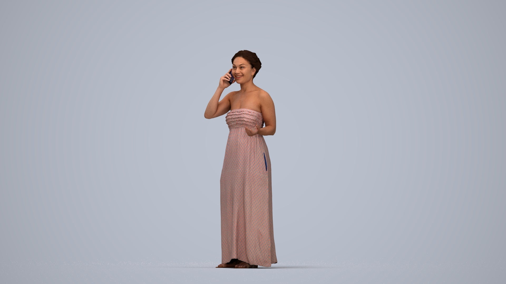 realistic 3D woman casual standing, scanned archviz people for Blender and 3ds Max, top-down view render