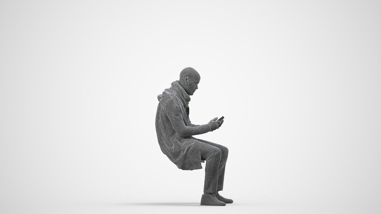 realistic 3D man casual sitting, scanned archviz people for Blender and 3ds Max, wireframe side view