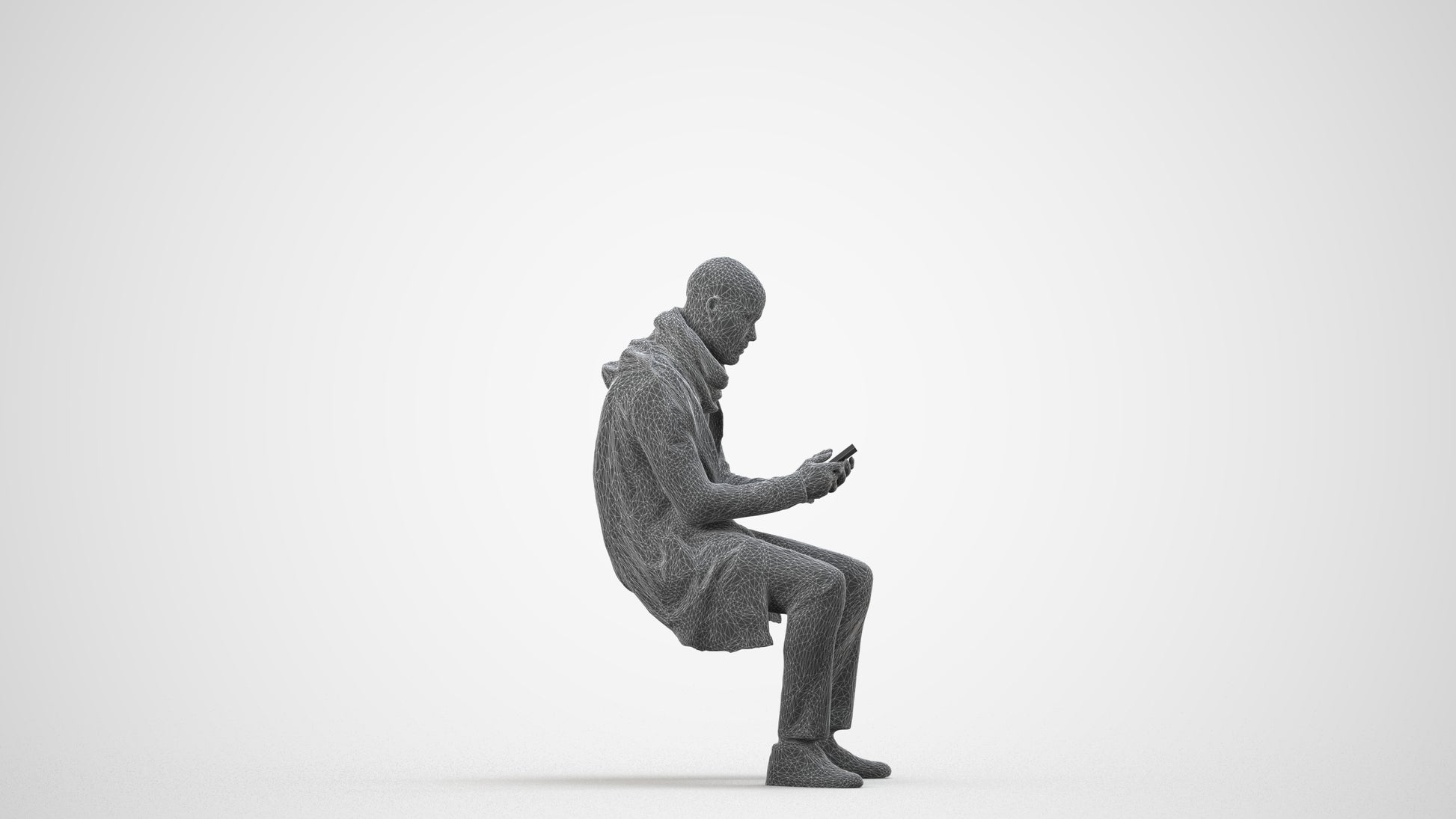 realistic 3D man casual sitting, scanned archviz people for Blender and 3ds Max, wireframe side view