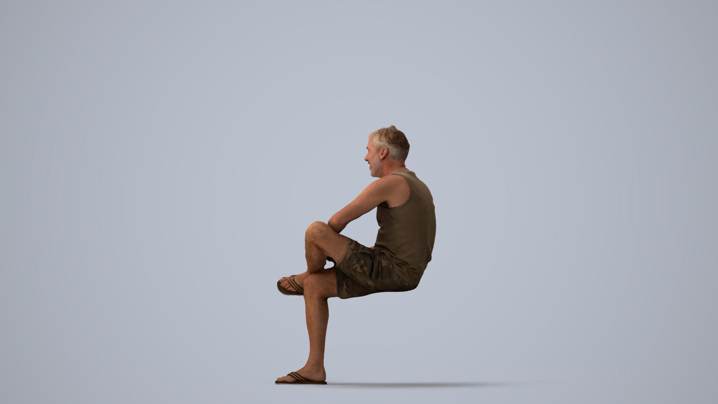 3D people model man casual sitting, scanned human for 3ds Max rendering, three-quarter view render
