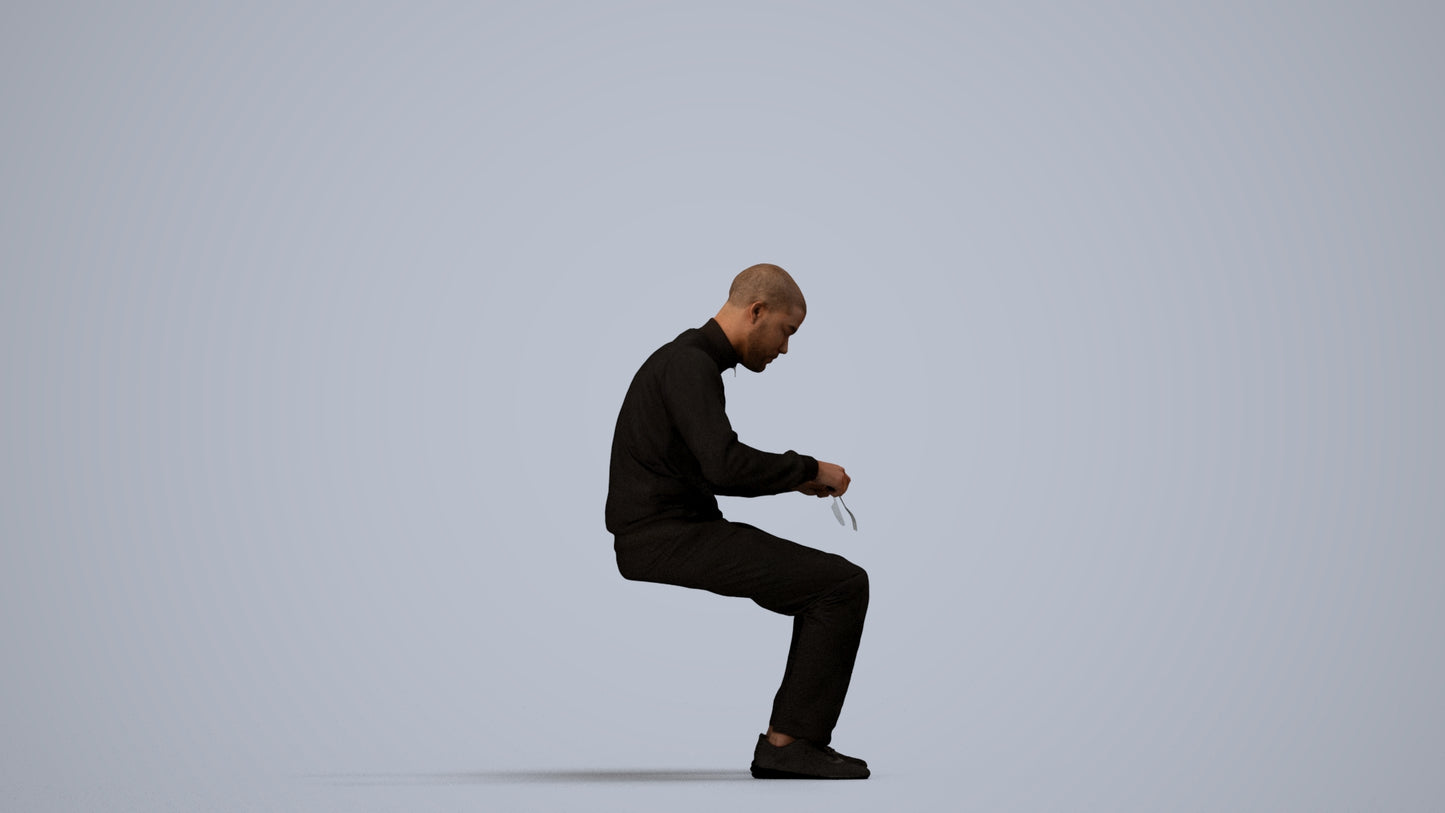 3D human model man casual sitting, photogrammetry scanned person for archviz, side view render