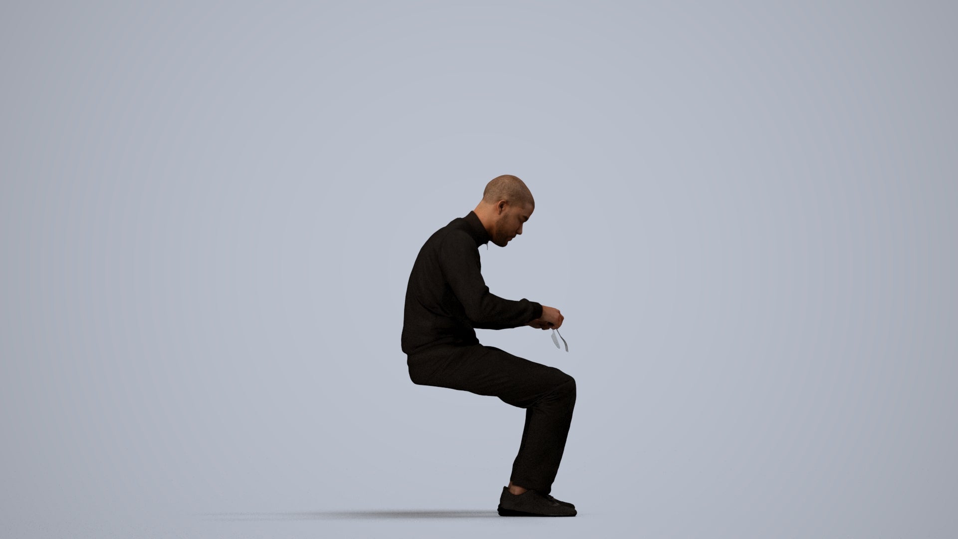 3D human model man casual sitting, photogrammetry scanned person for archviz, side view render