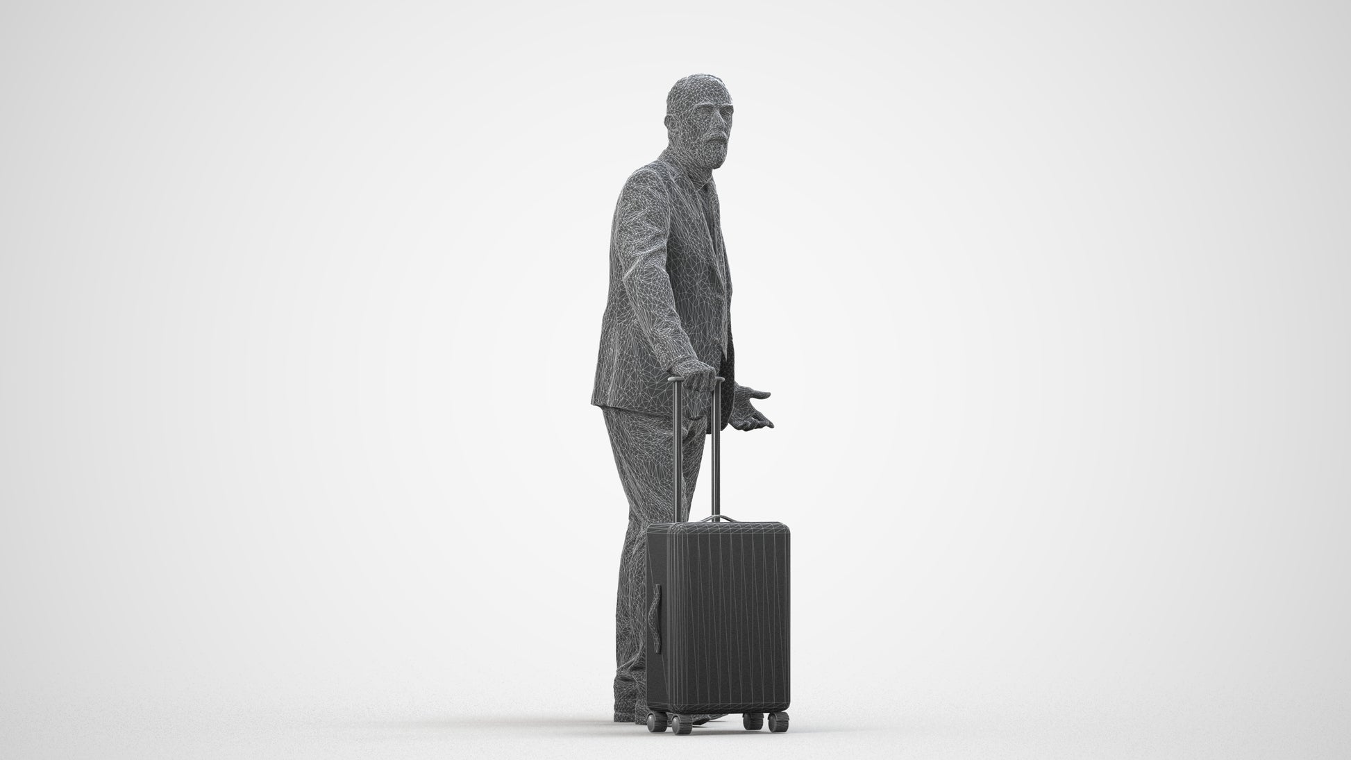 realistic 3D senior man business, scanned archviz people for Blender and 3ds Max, wireframe side view